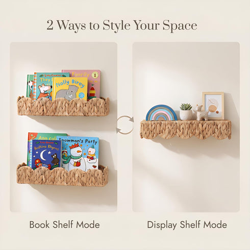 2 Pack 15.8 Nursery Book Shelves, Scalloped Water Hyacinth Book Shelf for Kids Rooms, Handwoven Floating Book Shelves