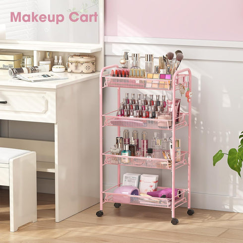4 3 TOOLF Tier Rolling Utility Cart - Durable Metal Design Pink Utility Cart, Storage Trolley on Wheels with Hooks
