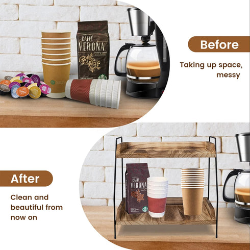 Coffee Bar Accessories and Organizer, 2 Tier Wood Coffee Tray for Bathroom Counter, Kitchen, Coffee Lover