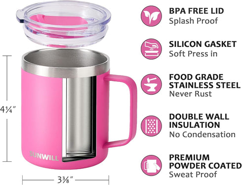 Set 4, 14oz SUNWILL Travel Coffee Mugs of Insulated Tumbler with Lid, Stainless Steel Cup with Handle Bulk for Gift