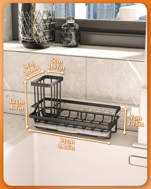 SWTYMIKI Sink Caddy Sponge Holder - Kitchen Sink Organizer with High Brush Holder for Countertop by the Sink Holding Dish Soaps and Sponges, Stainless Steel, Black by SWTYMIKI