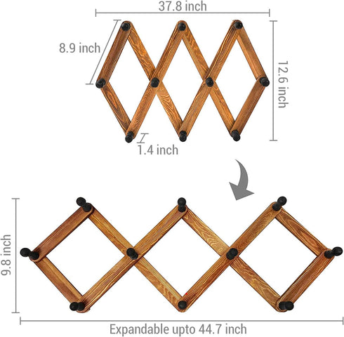 MyGift 10 Hook Burnt Wood Wall Mounted Expandable Accordion Peg Coat Rack for Entryway or Garage