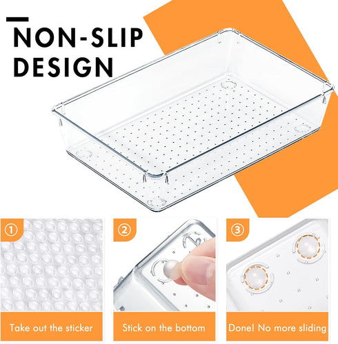 HOUSE DAY 6 PCS Desk Drawer Organizer Bins, Clear 9*6*2" Non-Slip Plastic Organizers for Makeup, Office