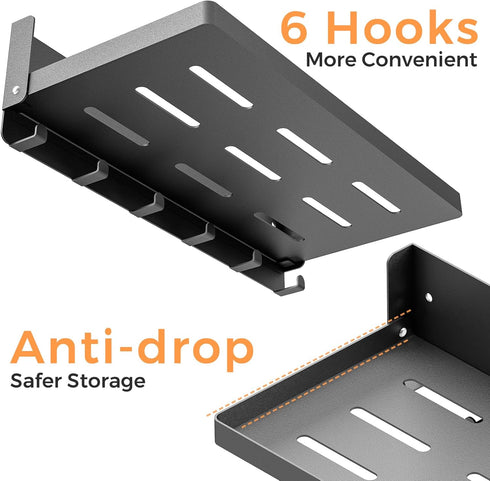 6 Black11.8", 1 Pack Small Folding Metal Shelf with Hooks, Fold-up Wall Shelf, Hooks, Drop Down Floating Shelf