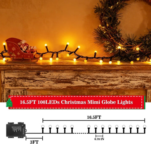 16Ft 100LEDs 8 Christmas Lights Battery-Powered,Mimi Globe Lights Modes,Indoor Outdoor Cluster String Lights