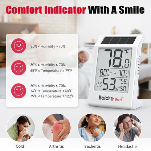 3.2'' 1Pack BaldrTherm Room Thermometer Indoor Humidity Meter, Solar-Powered Digital Temperature Sensor Monitor