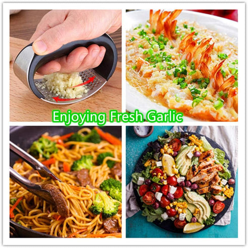 Garlic Press Rocker Stainless Steel - 3-in-1 Garlic Mincer, Peeler Silicone, Brush, Pounding Tool Mincer Masher