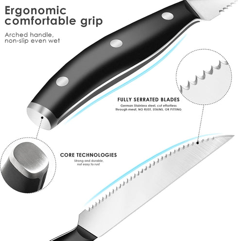 UniqueFire Steak Knife Set of 4, 4.6" Durable German Stainless Steel Serrated Dinner Knives, Dishwasher Safe