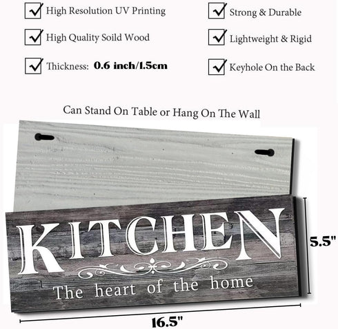 5.5 16.5 inch Kitchen Sign Wooden Plaque, The Heart of Home - Kitchen Signs for Above Cabinets, Grey Decor Accent Home