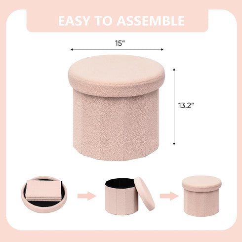 15-Inch Compact Round Ottoman with Hidden Storage - Pink