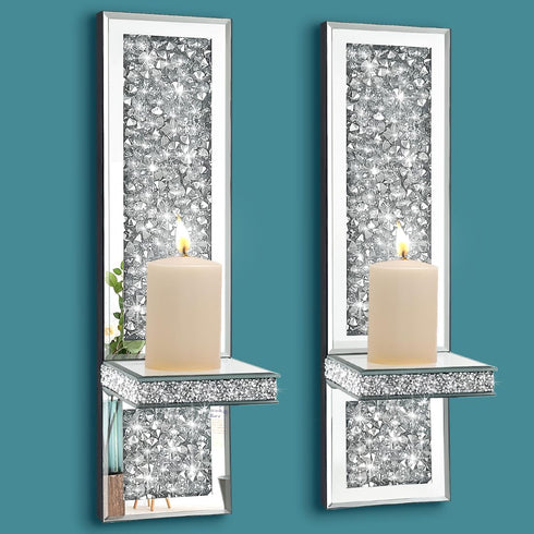 Pibeyer Crystal Crush Diamond Wall Candle Holder Set of 2, Silver Mirrored Candle