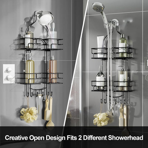 SRIWATANA Hanging Shower Caddy Over Head, Bathroom Shower Organizer Rack Holder with Hooks for Razors, Black