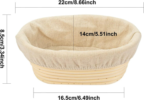 2 PCS 8 Inch Oval Long Banneton Brotform, Rattan Bread Dough Proofing Rising Basket & Liner for Bakers