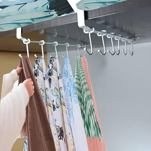 Adjustable Under Cabinet Coffee Mug Holder, Space-Saving Kitchen Organizer, 2 Sets with 12 Mobile Hooks, White