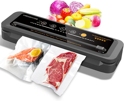 MegaWise Vacuum Sealer Machine, 80kPa Suction Power, Compact One-Touch Automatic Food Sealer with Bags Included