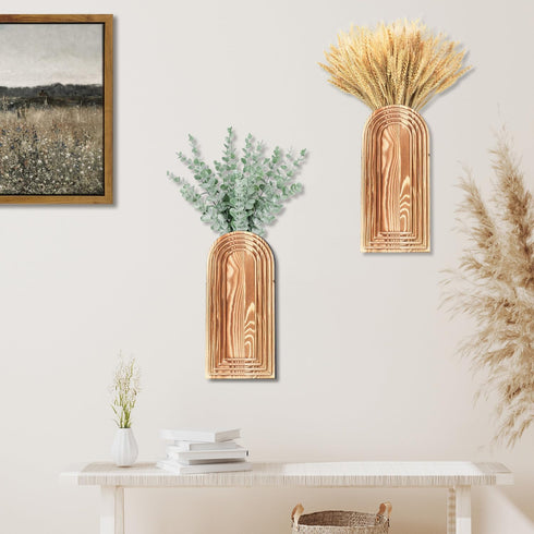 2 Pack Set Dnnnii Wooden Wall Vase - Brown Finish Modern Farmhouse & Boho Wall Decor for Entryway, Hallway, Bathroom