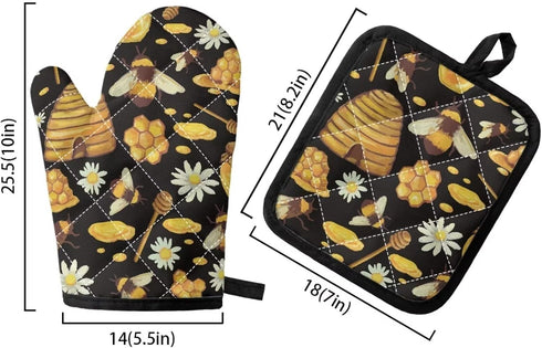 GIFTPUZZ Bee Oven Mitt Pot Holder Set of 2, Heat Resistant Heavy Duty Gloves + Thick Hot Mats for Kitchen