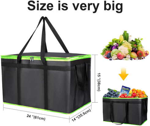 2 Pack XXXL-Large Insulated Grocery Shopping Bags, Green, Reusable Bag,Thermal Zipper,Collapsible,Tote,Cooler,Food