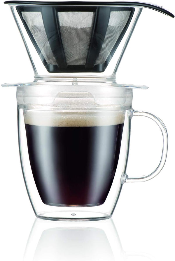 Bodum 12oz Pour Over Coffee Dripper Set - BPA-Free Plastic, Clear, with Double Wall Mug and Reusable Filter