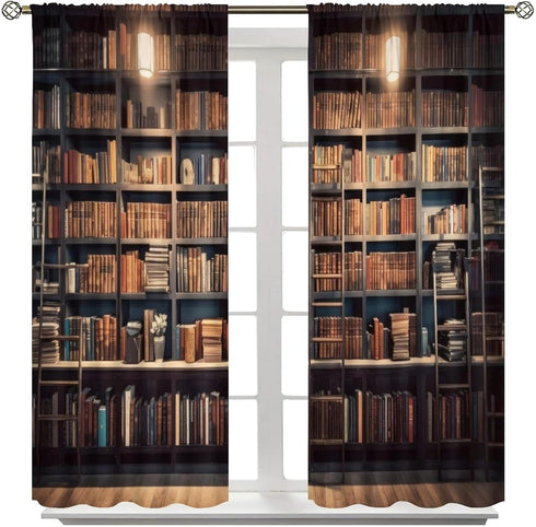YCness 2 Sets,42x45 Inch Bookshelf Curtains, Vintage Library with Books Window Treatments for Kids Bedroom, Wooden