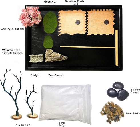 Zen Garden for Desk, Japanese Zen Garden Kit with Sand Stamp Sphere and Essential Accessories, Mini Zen Sandbox Office