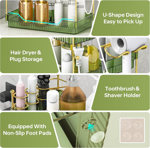 Counter Countertop 3-Tier) Bathroom Organizer with Hair Dryer Holder and Toothbrush Holder, Acrylic Vanity Tray