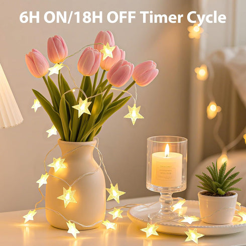 17FT 50LED 8 Lakumu Star String Lights Battery Operated, LED Star Fairy Lights Rechargeable, Twinkle Lights with Modes