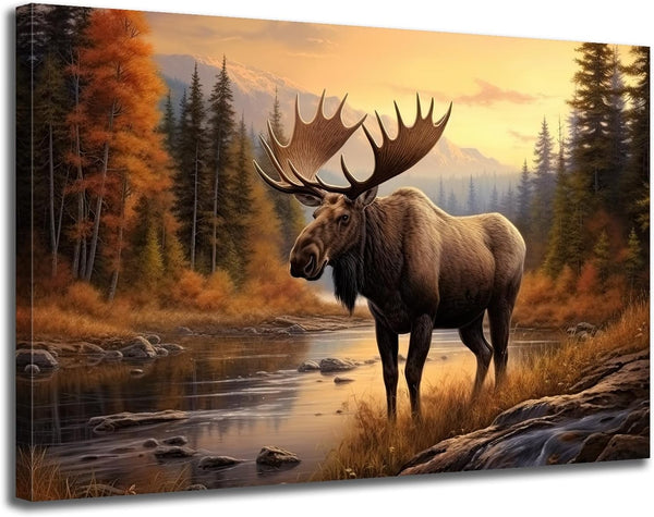 GLOKAKA Nature Moose Wall Art, Moose in the River Print, Retro Poster for Home, Office, Kitchen, and Bar