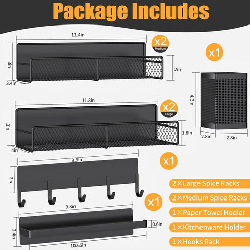 7 Pack DTUQYX Magnetic Spice Rack for Refrigerator, Metal Shelf Black , Moveable Organizer with Hook Rack, Paper Towel