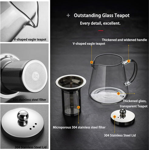 MJZQCD Glass Teapot (32oz/950ml) with Removable Stainless Steel Infuser, Transparent Stovetop Tea Kettle for Blooming