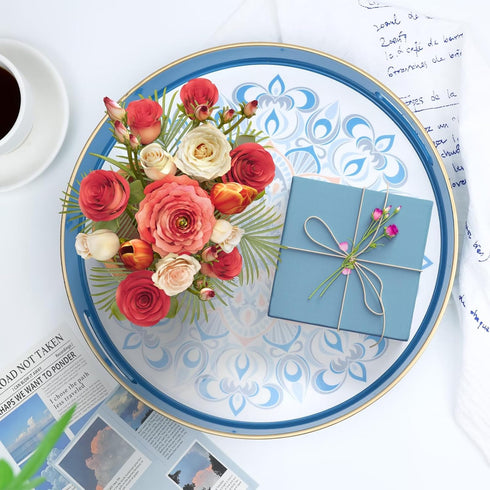 13 Round Blue Decorative Tray for Coffee Table, Ottoman, Plastic Serving Platter Tray with Handles for Entertaining
