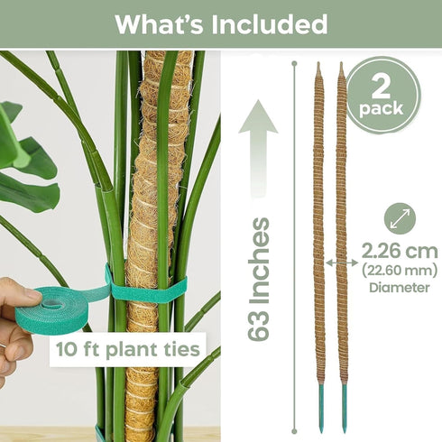 2 Pack 63'' Bendable Moss Pole Monstera Plant Support for Large Climbing Indoor Plants - Stakes for Potted Climbers