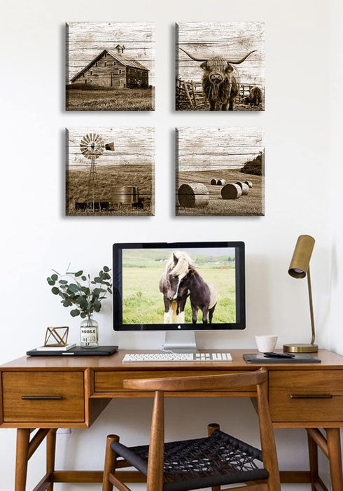 DJSYLIFE Highland Cow Wall Art - Rustic Farmhouse Canvas Poster for Men's Bedroom Office - 12" Wx12 Hx4