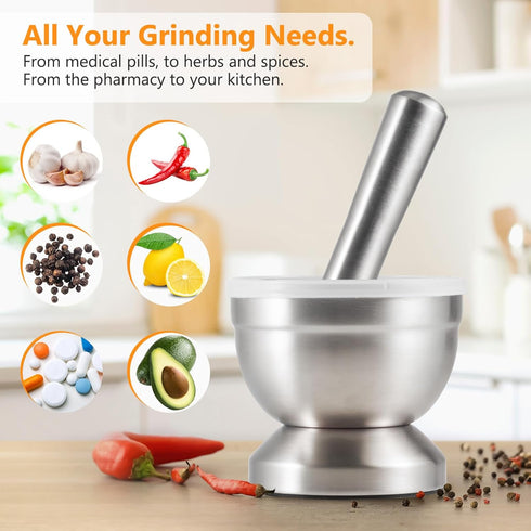 Tera 18/8 Stainless Steel Mortar and Pestle with Brush - Pill Crusher and Spice Grinder
