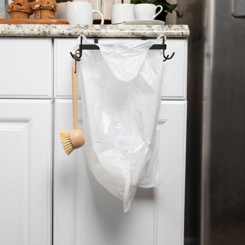 Sleek Black Metal Over-the-Door Trash Bag Holder for Home Organization