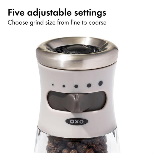 Settings, OXO Good Grips Contoured Mess-Free Pepper Grinder, Adjustable Ceramic Grinder with Five Black Pepper Mill