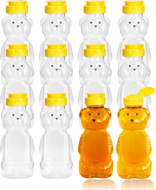 KEJJNYER 12 Pack Honey Bear Bottle 12 oz, Reusable Plastic Honey Bear Jars