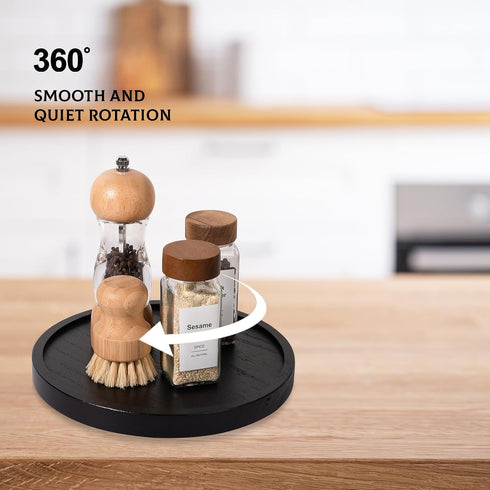 9" Wood Lazy Susan Organizer, Round Turntable for Kitchen Cabinet, Bathroom Decor, Black Decorative Tray for Vanity