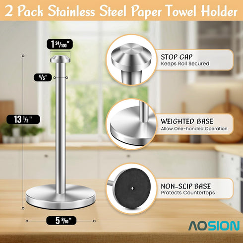 AOSION 2 Pack Stainless Steel Paper Towel Holder,Paper Towel Holder Countertop,Standing Paper Towel Holders for Kitchen Bedroom and Bathroom, Upgrade Design,Brushed Silver 13.8" by AOSION