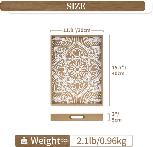 Counter, Decorative Serving Tray with Handles - Hanobe Floral Wooden Coffee Table Trays for Ottoman Centerpiece Decor