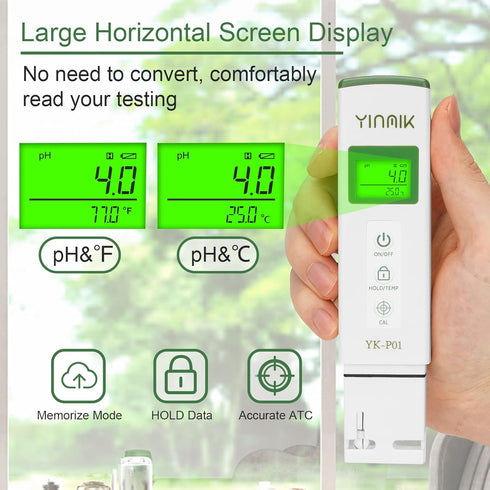 YK-P01 pH Tester Digital pH Meter for Water Hydroponics, Accurate with ATC for Various Uses