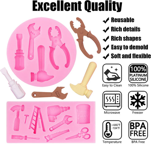 Hand Tools Silicone Molds 4 Pcs, Mini Construction Tools Chocolate Fondant Molds for Cake Decorating & Crafts