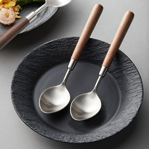Retro Wooden Handle Spoon Set, Stainless Steel Serving Tablespoons, 4 Pcs with Brown Handle