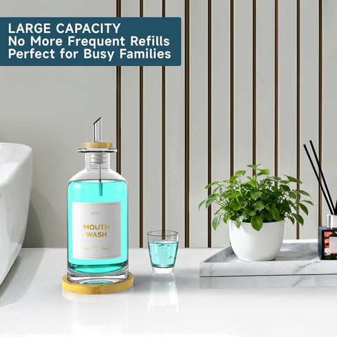 BTIFU Countertop 14oz/410ml Glass Mouthwash Dispenser for Bathroom Refillable Mouthwash Bottle with Stainless Steel