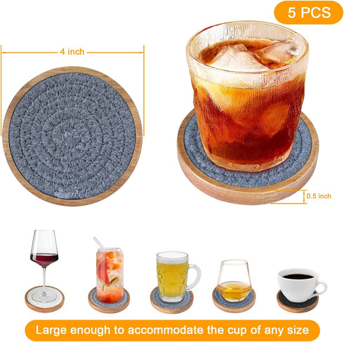 Coasters for Drinks Absorbent Sets of 5, Woven Coasters with Holder for Coffee Table, Gray Series