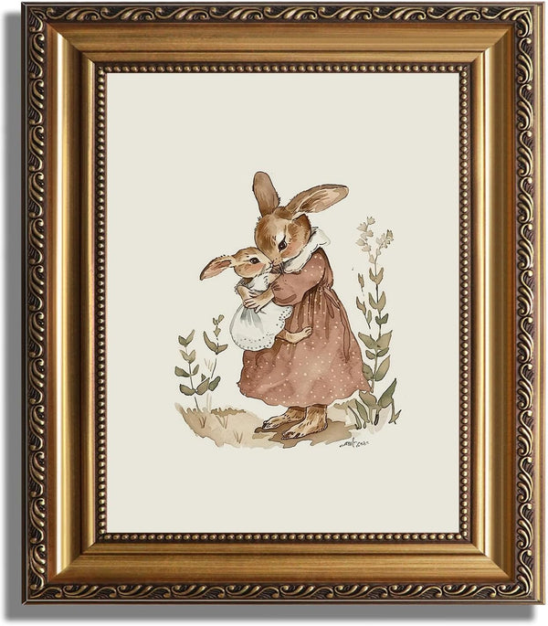 ASTRDECOR Gold Framed Canvas Wall Art, 9x12 Inch Vintage Bunny Mom and