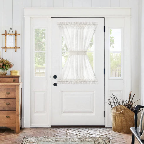 jinchan Linen French Door Curtain 40 Inches Long - Open Weave Semi-Sheer Decor - 1 Panel with Tieback, White
