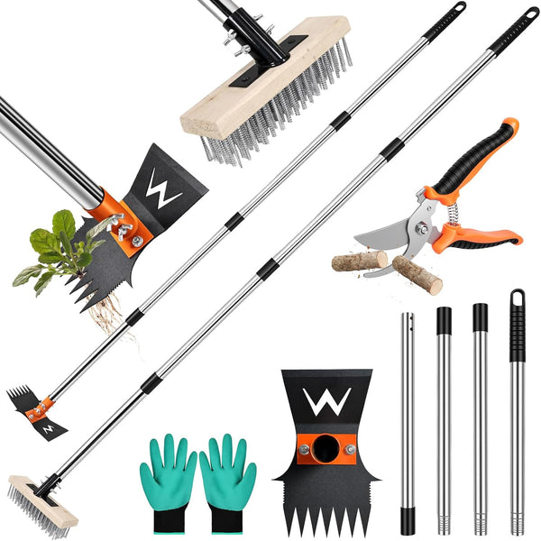 ZORSHUY 4-in-1 Weeding Tool with Hoe, Grabber, Pruning Shears & Scrub Brush,Garden Hoe