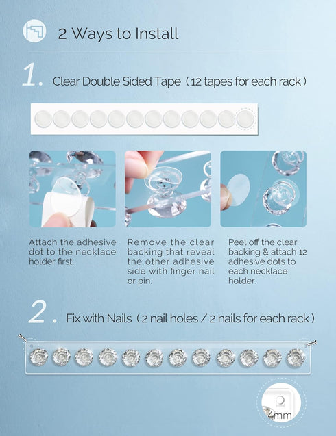 Mymazn 2 Pack Clear Acrylic Necklace Hangers Wall Mounted Jewelry Organizer with 12 Hooks for Girls Women