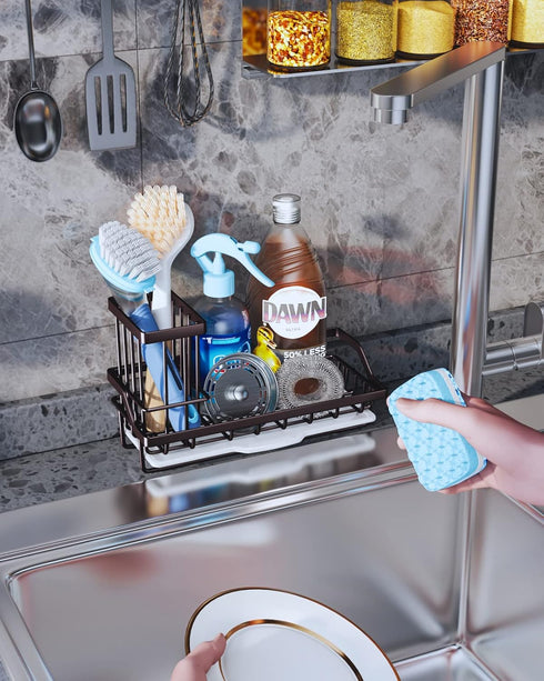 Consumest Kitchen Sink Caddy, Sponge Holder with Removable Drip Tray, 304 Stainless Steel - Bronze, Countertop Dish Soap